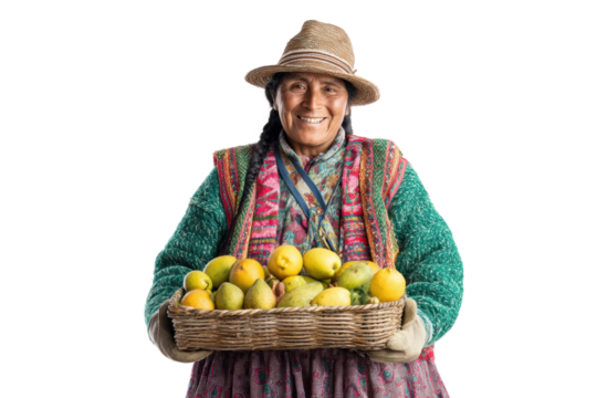 Hispanic mature female holding basket of fresh organic fruits with joyful expression, cut out - Powered by Adobe