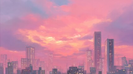 Fototapeta premium Vibrant Urban Skyline at Sunset with Colorful Cloudy Sky