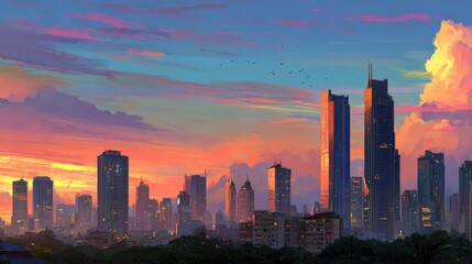 Fototapeta premium Vibrant City Skyline at Sunset with Colorful Clouds and Buildings