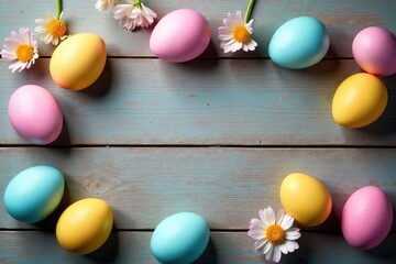 Obraz premium Colorful pastel Easter eggs scattered on a rustic wooden background Perfect for spring and Easter celebrations , chocolate, Easter, spring