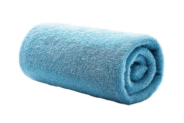 Soft blue rolled towel on white background for bath and spa decor, cut out