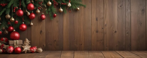 Rustic wooden background with assorted Christmas ornaments ,  holiday decor,  festive,  candy cane