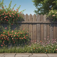 Overgrown distressed wood fence, climbing vines, blooming flowers, vintage border , border element, wallpaper