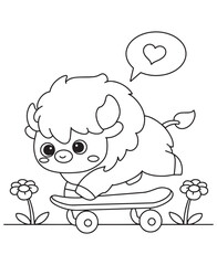 Coloring book bison skateboarding with a heart bubble and flowers
