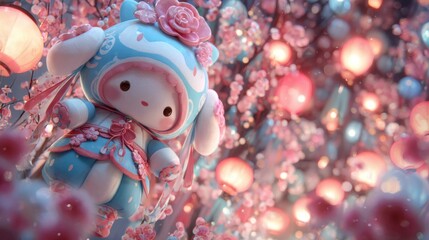 Fototapeta premium Cute Doll Surrounded by Cherry Blossoms and Lanterns in Autumn Scene