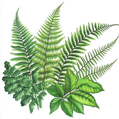 Elegant watercolor botanical illustration showcasing various green fronds and foliage arrangement