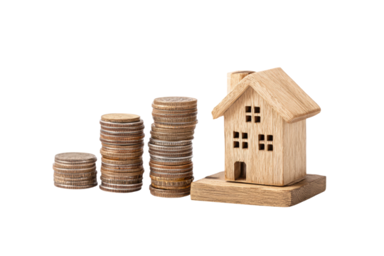 Wooden house model with stacked coins representing real estate investment and growth, cut out