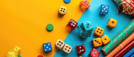Flat lay composition of dice and a vintage board game on a vibrant color surface. Leisure and entertainment concept. Top down aerial view of vintage board game wooden board. Strategy design. AIG55.