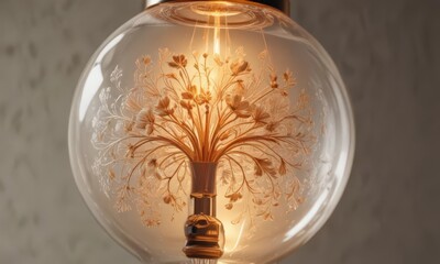 Ornate floral etching on a clear light bulb, radiating a warm glow, representing innovative thinking ,  beauty,  light