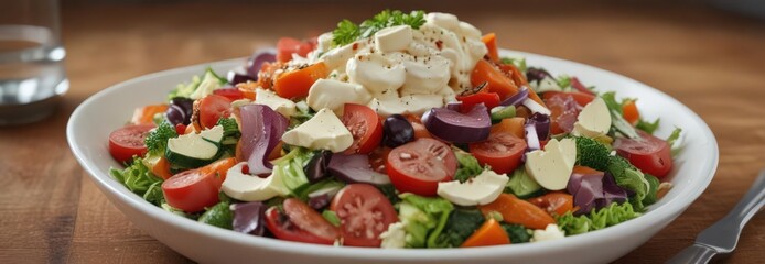 Colorful veggie salad with creamy cheese topping,  dairy,  tasty