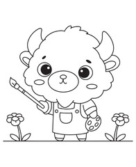 Coloring book bull animal artist with a paintbrush and palette