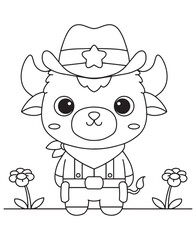 Coloring book animal bull cowboy with hat and bandana
