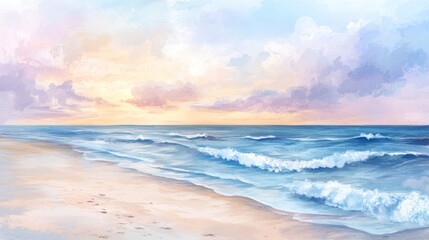 Obraz premium Serene Beach at Sunrise with Soft Pastel Hues and Gentle Waves