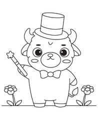 Coloring book bull cutie in a top hat and bowtie is ready to cast a spell with its magic wand