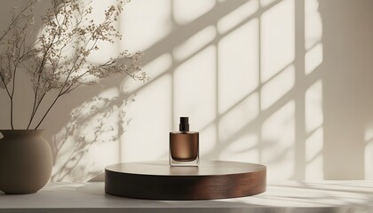 A brown perfume bottle displayed on a wooden platform, illuminated by natural light.