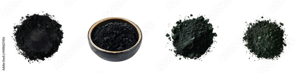 Poster set of separate images show dark granular substances, isolated on transparent background