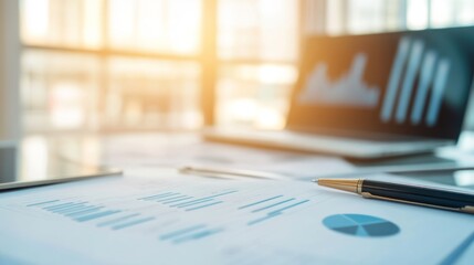 Financial analysis and planning concept showing business data graphs and charts on office desk with laptop and pen