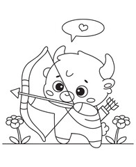 Coloring book cupid bull aiming a bow and arrow, surrounded by flowers, with a heart bubble
