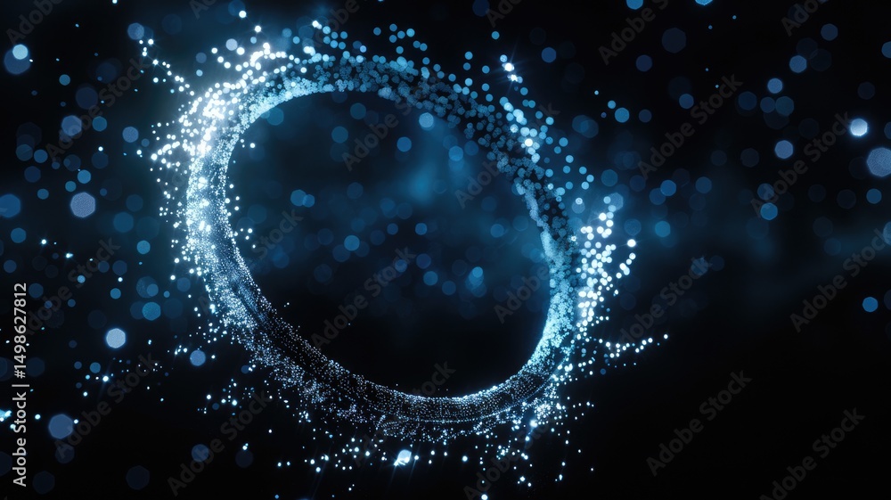 Poster a stunning depiction of a giant illuminated circle surrounded by sparkling particles. the design fea