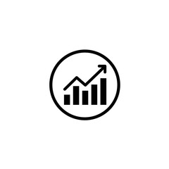 A black and white icon showing a bar graph with an arrow pointing up inside of a black circle outline