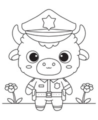 Coloring book buffalo dressed as a police officer,