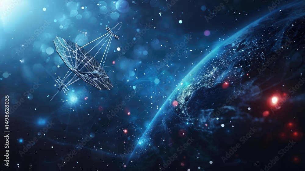 Poster the digital orbital satellite or technology of global information in space. tech style color represe