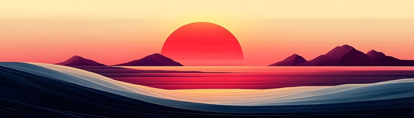 A stylized sunset over a tranquil sea with dramatic mountains.