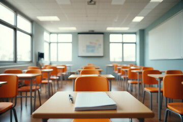 Fototapeta premium empty classroom with orange chairs and desks