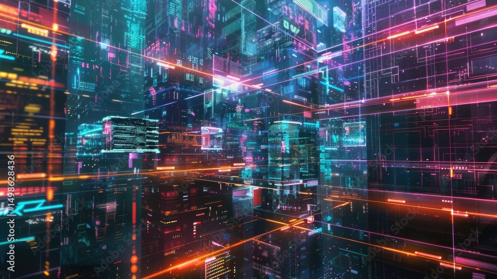 Poster abstract digital shape and particle technological cyber style design connecting become system shape 