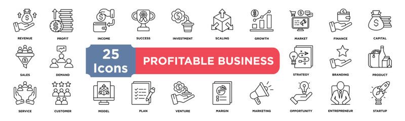 Profitable Business icon collection set. Containing revenue,profit,income,success,investment,scaling,growth,market,finance,capital icon. Simple line vector.