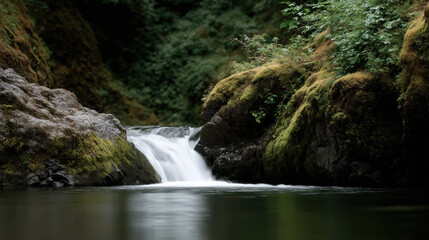 serene warm evening at majestic waterfall in oregon surrounded by lush greenery and soft golden light