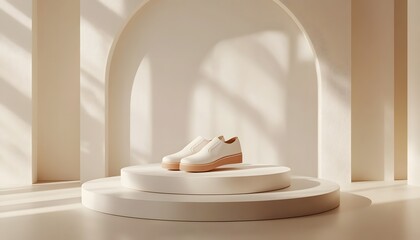 Elegant, cream-colored shoes displayed on a tiered pedestal.