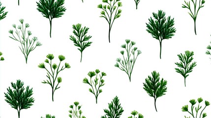 Fototapeta premium Watercolor botanical pattern of small green plants on white background.