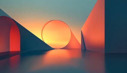 Abstract architectural interior scene with warm sunset colors.