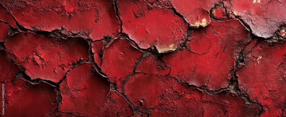 Aufkleber a close-up view of weathered red paint with cracked and peeling layers, showcasing an abstract textu