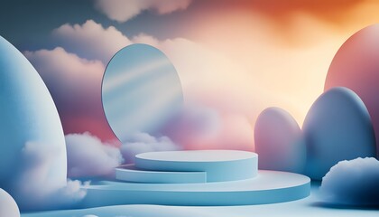 Light blue and pastel colored podiums in a cloudy, sunset scene.