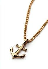 A classic gold chain necklace with a pendant in the shape of an anchor, isolated on a white background. Stock