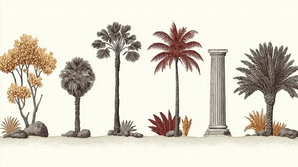 Fototapeta premium Decorative arrangement of palm trees, column, and other foliage.