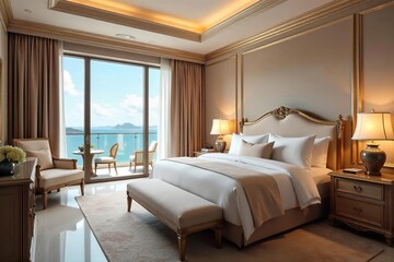 Obraz premium Indulge in opulent serenity A lavishly appointed bedroom suite boasts exquisite details and a breathtaking view, epitomizing ultimate luxury and sophisticated comfort , serenity, elegant, lavish