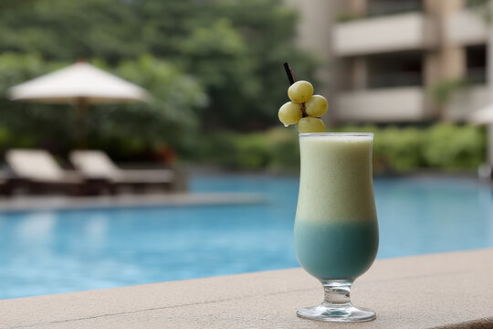 refreshing cocktail named marine symphony placed elegantly by serene pool surrounded by tropical plants