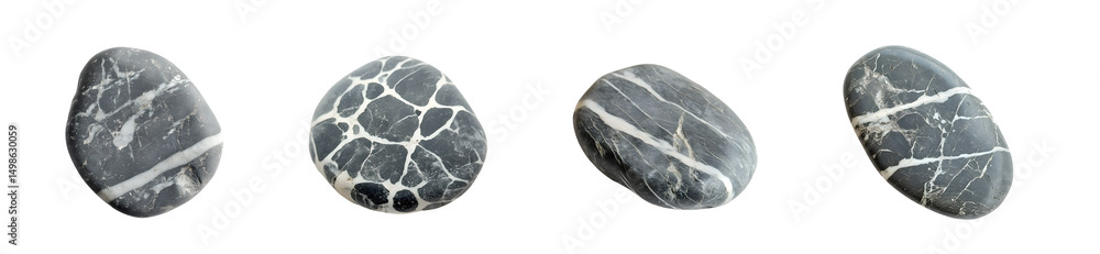 Poster set of smooth stones with intricate patterns. isolated on transparent background