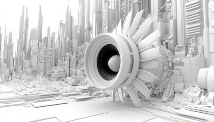 Futuristic city scene with a massive jet engine.