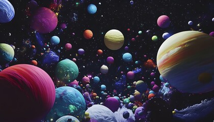 Colorful celestial bodies in a vast cosmic expanse.