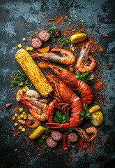 A classic seafood boil with shrimp, crab, sausage, and corn on the cob, drenched in seasoning. Stock