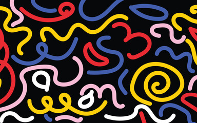 Fun colorful line abstract doodle seamless pattern. Fun Colorful Abstract Wavy Line. Colorful Abstract multicolor curvy shapes. Fun Color Abstract doodle line shapes.
