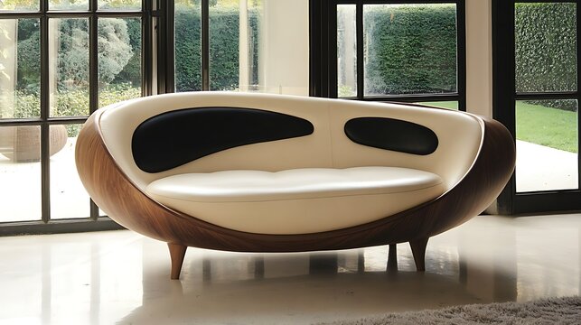 Modern walnut and leather sofa design features sleek craftsmanship with luxurious comfort for contemporary interior style and sophisticated furniture concept.