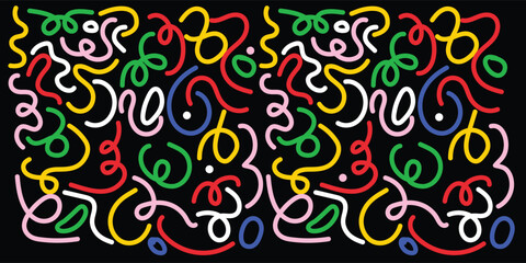 Fun colorful line abstract doodle seamless pattern. Fun Colorful Abstract Wavy Line. Colorful Abstract multicolor curvy shapes. Fun Color Abstract doodle line shapes.