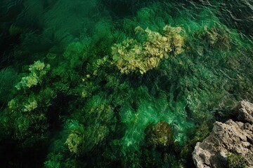 Clear, emerald-green water over rocky seabed.  Shallow, vibrant aquatic scene