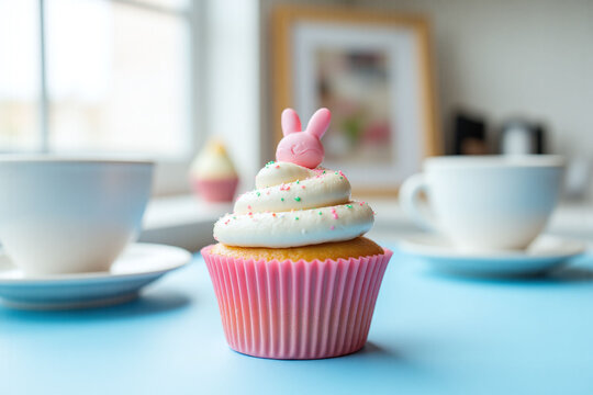 cupcake sitting on top of a table next to a cup of coffee