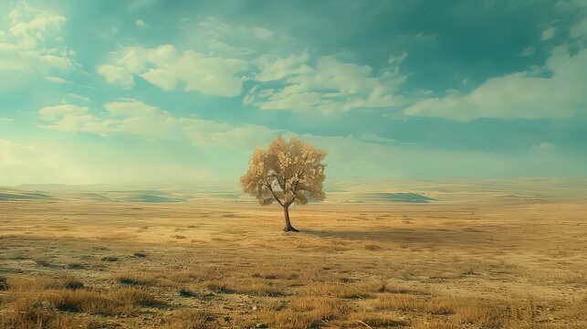 A lone tree stands tall in a vast, open field under a serene sky with scattered clouds above the horizon
